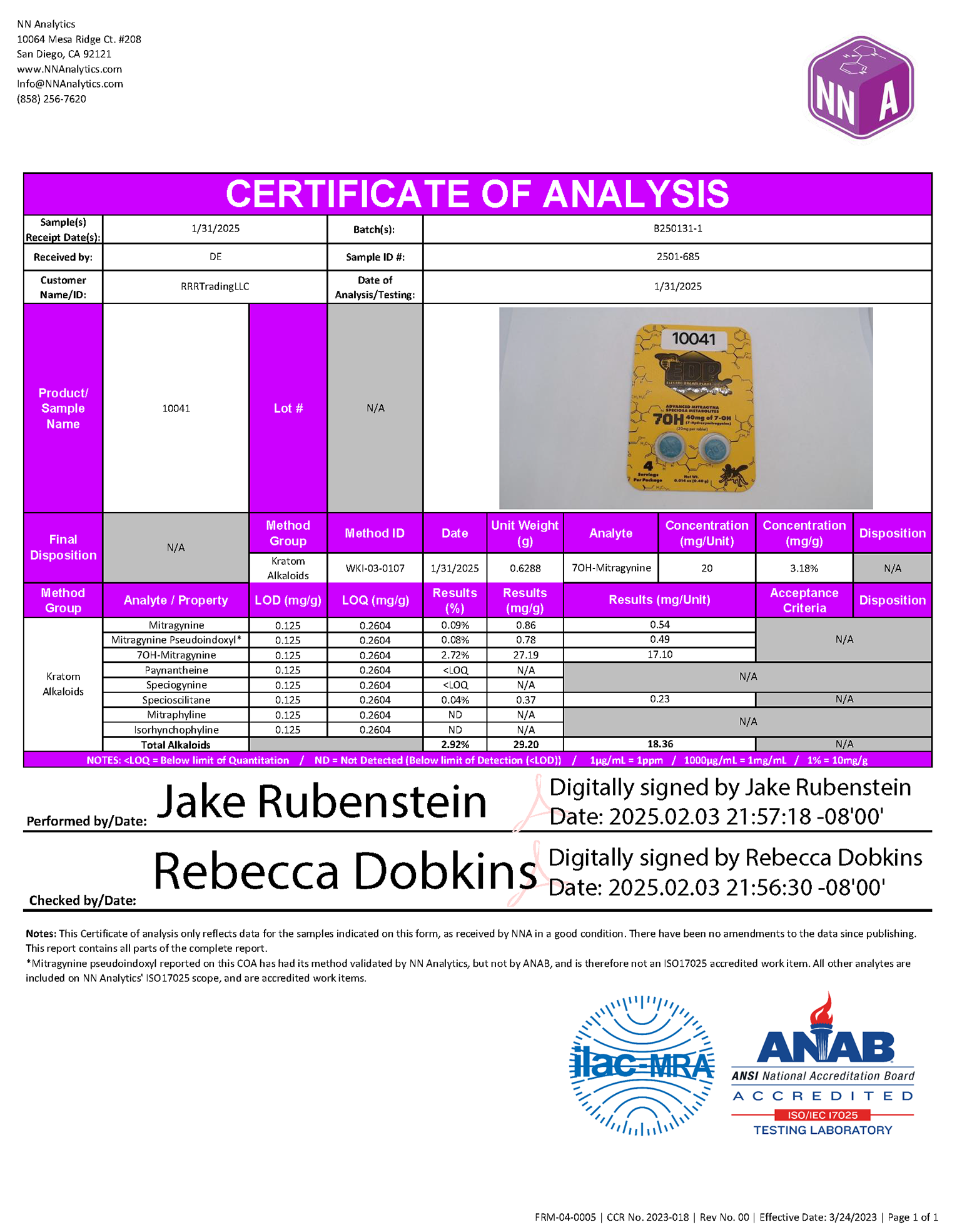 NN Analytics CoA RRRTradingLLC Kratom Alkaloids B250131 1 2501 685 10041